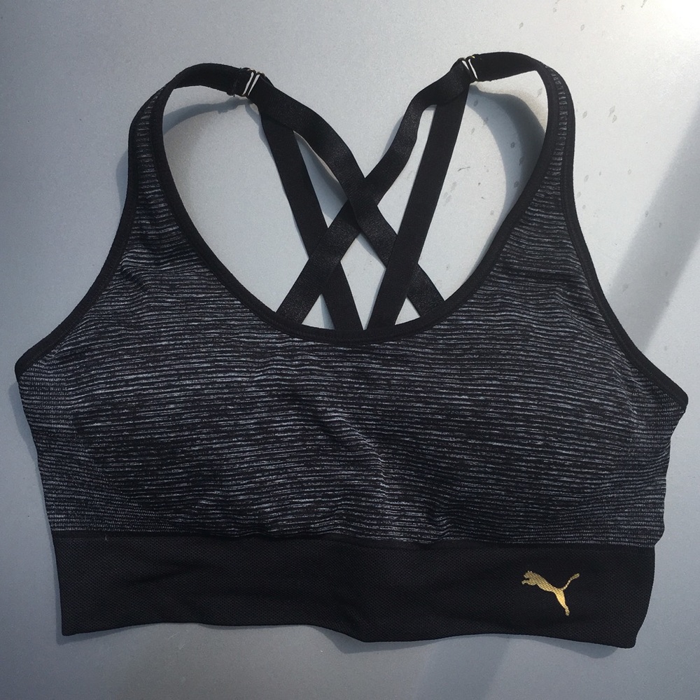 black / grey striped Puma sports bra